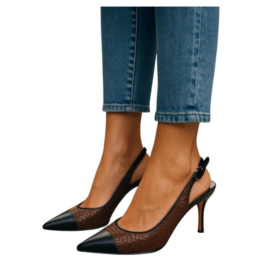 TAHARI Women's Rafaella Kitten Heel Pumps Low Heel Strappy - Cafe/Black Size 8.5